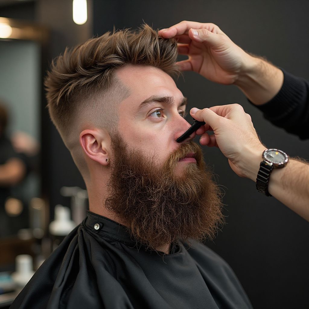 Professional stylist demonstrating beard styling techniques